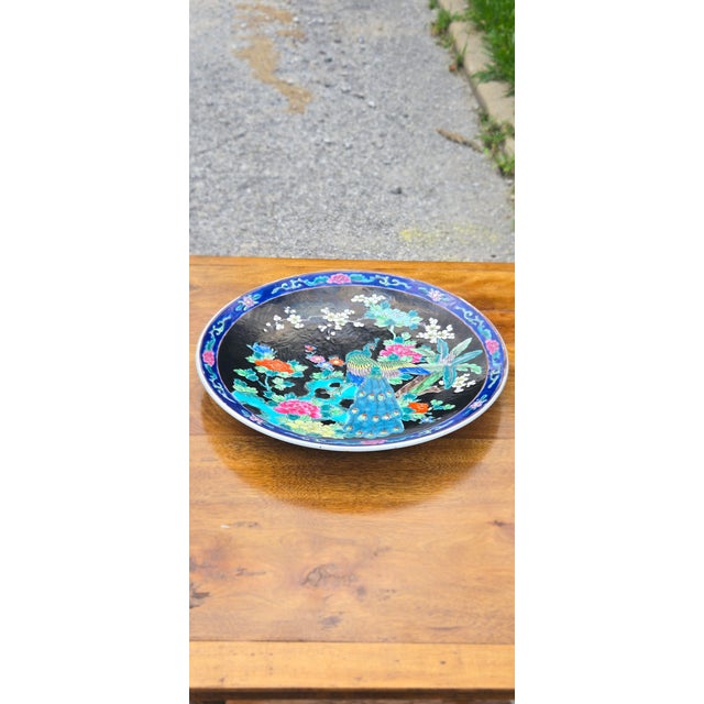 Turquoise Vintage Japanese-Style Porcelain Peacock Charger Plate With Floral Motif For Sale - Image 8 of 12