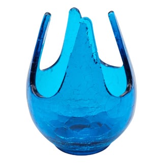 Mid-Century Viking Bluenique Crackle Glass Votive Patio Candle Holder, Rare 5” HTF For Sale