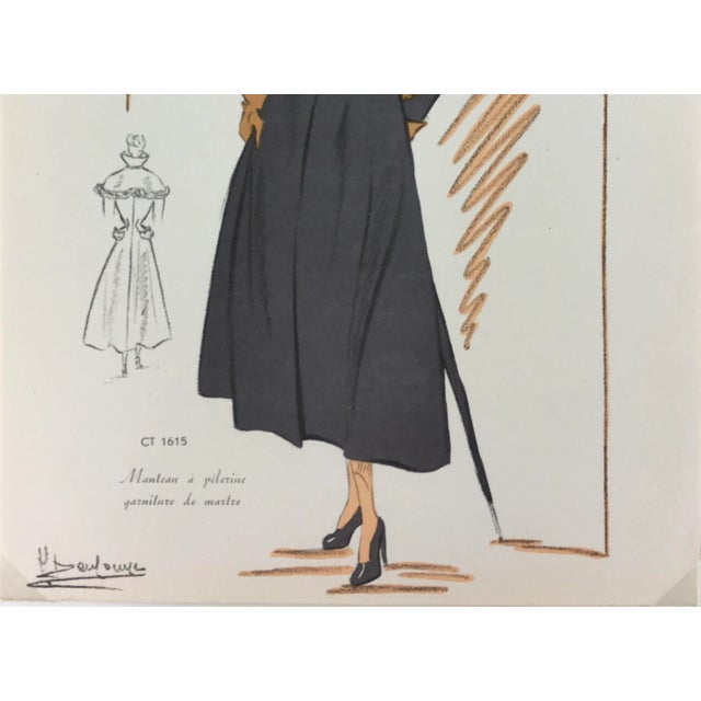 French 1940s French Fashion Sketch of Pelerine Sable Trim Coat For Sale - Image 3 of 5