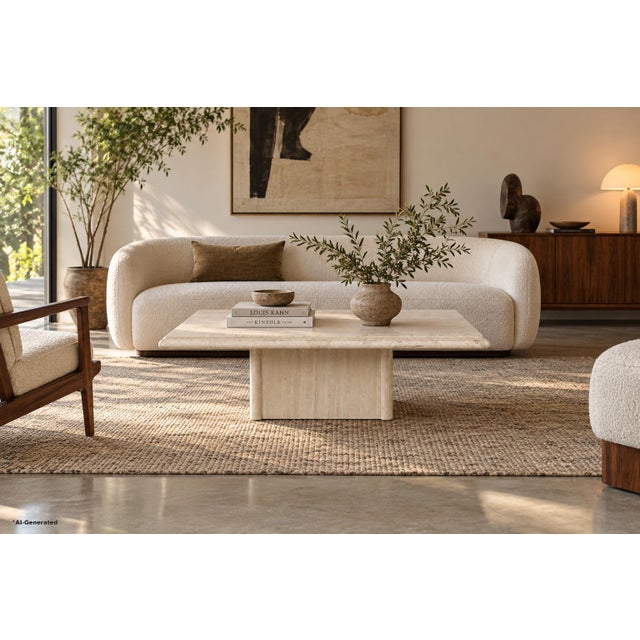 An exceptional example of Italian mid-century modern design, this vintage 1980s travertine coffee table pairs the visual...