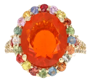 6.29 Carat Fire Opal Sapphire Diamond 14 Karat Yellow Gold Cocktail Ring Size 7