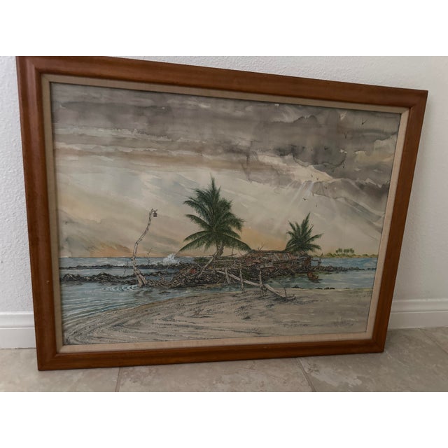 Watercolor and ink painting of a remote Hawaiian beach with a rustic shack and twin palm trees standing guard. The sky...