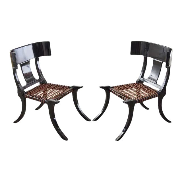 Pair of Ebonized Leather Rope Klismos Chairs After Robsjohn-Gibbings For Sale