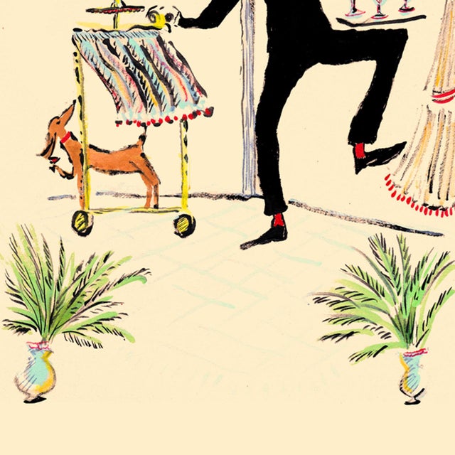 A dog takes a joyride on the martini cart as the waiter rushes it through a decorative hall with curtains.