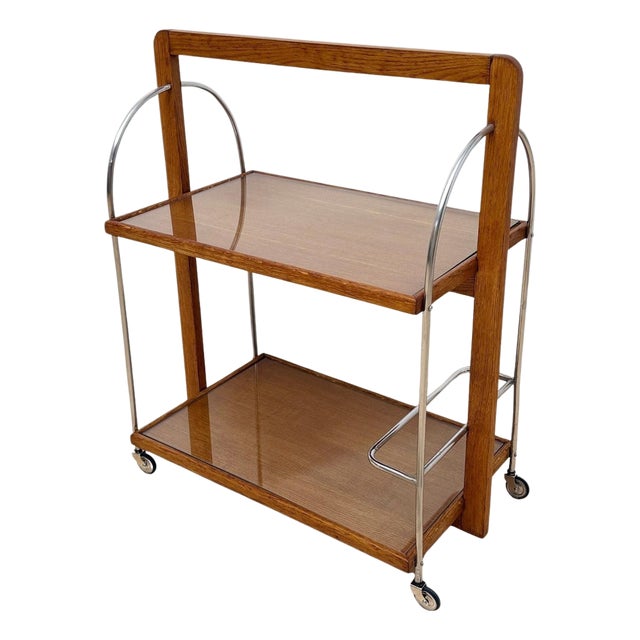 Art Deco Serving Trolley in Oak, Chrome and Glass, France, 1930 For Sale