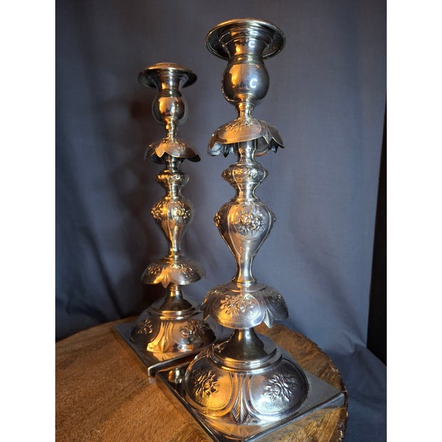 Antique Polish Judaica Silver Plated Shabbat Candlesticks Chaim Grun Warsaw 12" For Sale - Image 12 of 18