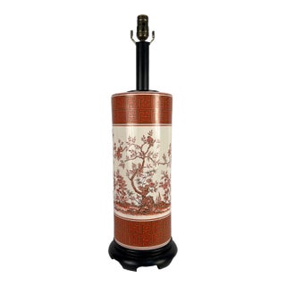 Mid 20th Century Asian Inspired Orange Floral Cylinder Table Lamp For Sale