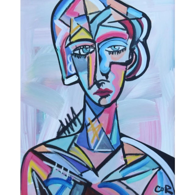 Contemporary, modern cubism original one-of-a-kind oil portrait painting on stretched artist's canvas. The artwork is by...