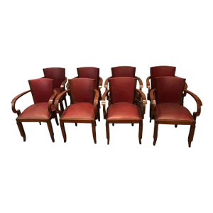 1930s Vintage Mahogany and Faux-Leather Art Deco Armchairs - Set of 8