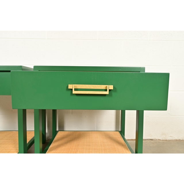 Wood Michael Taylor for Baker Furniture Mid-Century Hollywood Regency Green Lacquer and Cane Campaign Nightstands, Newly Refinished For Sale - Image 7 of 15