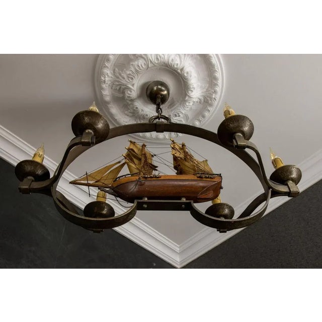 Mid-Century Wrought Iron Six-Light Chandelier with Ship, France, 1970s For Sale - Image 6 of 18