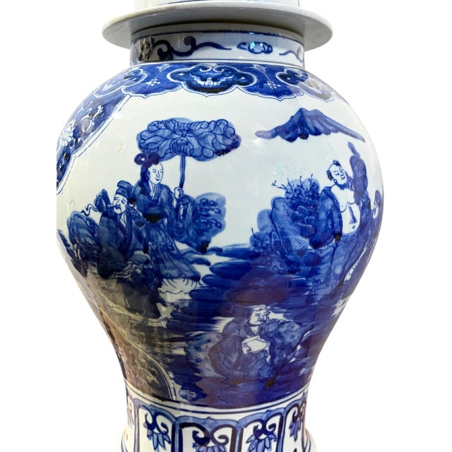 Ceramic Vintage Lg Chinoiserie Cobalt Blue & White Temple Ginger Jar 23" H For Sale - Image 7 of 12