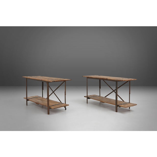 Industrial Side Table with Metal Frame, Wooden Top and Removable Platform, Belgium, 1920s For Sale - Image 9 of 14