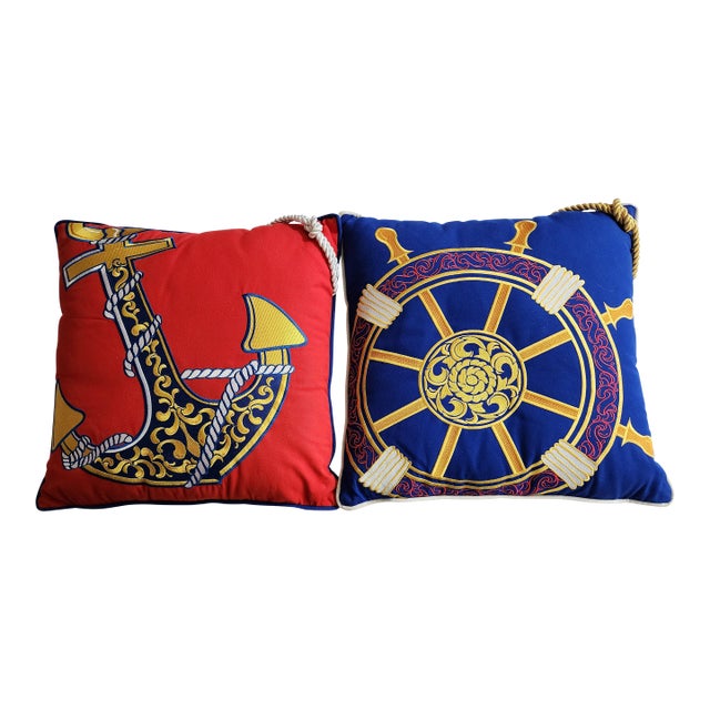 1980s Embroidered Applique Nautical Velvet Anchor & Ship's Wheel Pillows - A Pair For Sale