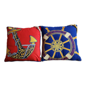 Embroidered Applique 18" Nautical Velvet Anchor & Ship's Wheel Pillows - A Pair