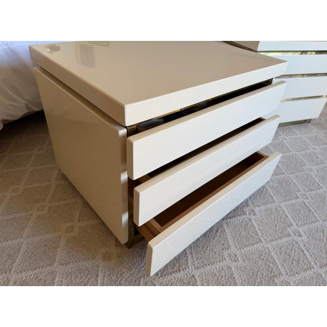 Paint Pair of Vintage Modern Lacquer & Brass 3-Drawer Night Tables by J.C. Mahey, France For Sale - Image 7 of 11