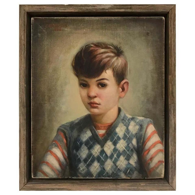 Portrait of Boy in Blue Argyle Sweater Oil Painting by Robert Rukavina For Sale - Image 13 of 13