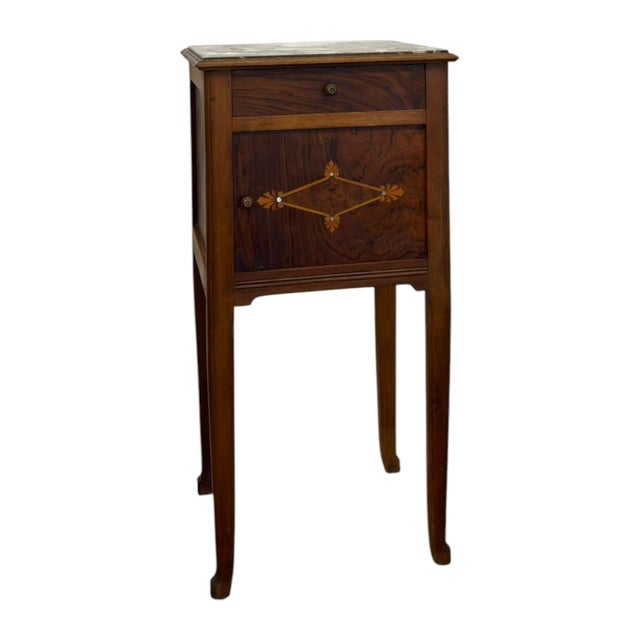 Antique Marble-Top Wooden Nightstand / Bedside Cabinet With Porcelain Interior & Inlaid Accent. For Sale In Seattle - Image 6 of 10