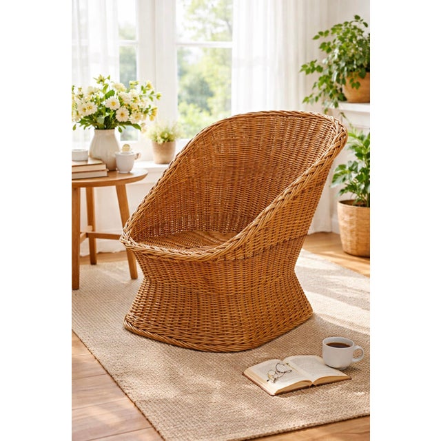 Sculptural vintage wicker lounge chair with an organic, handwoven form and relaxed recline. Warm natural patina with a...