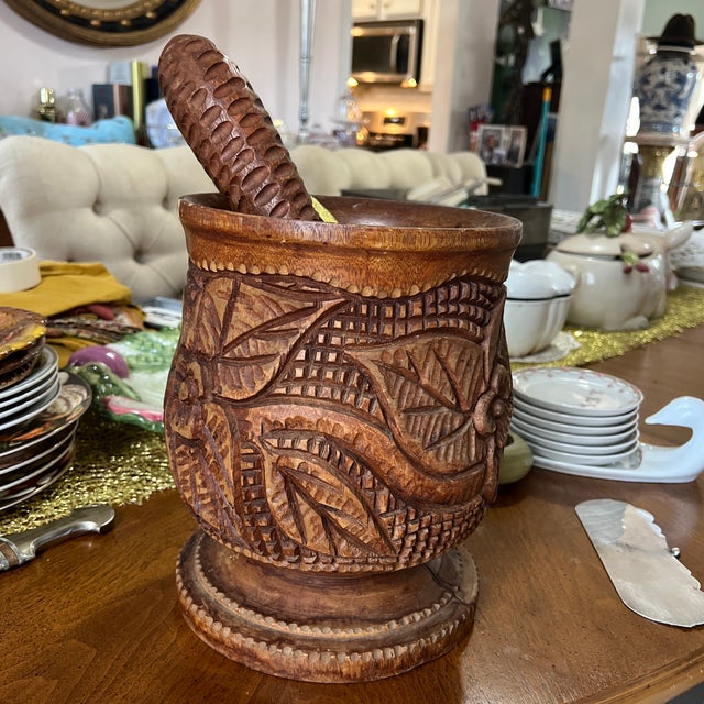 Hand Carved Vintage Detailed Wooden Mortar and Pestle For Sale In Atlanta - Image 6 of 12