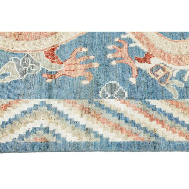 Contemporary Oriental Mythological Dragon Rug - Sky Blue & Terracotta Wool 8x10 For Sale In New York - Image 6 of 11