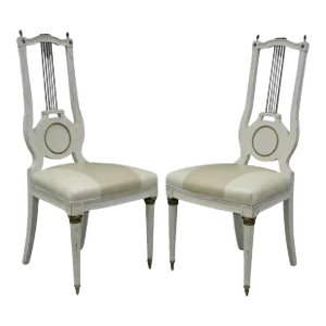 Early 20th Century Antique French Empire Neoclassical Style Brass Harp Lyre Side Chairs - a Pair