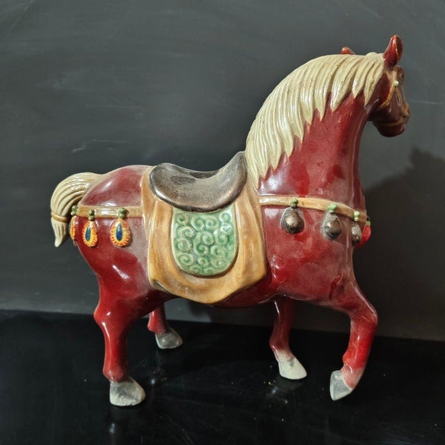 1. **Hand-Painted Ceramic Horse Statue, Red Body, Cream Mane & Tail, Saddle & Bell Accents** For Sale In New York - Image 6 of 6