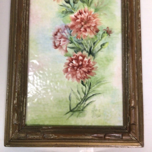 Wood 1940s Porcelain Tile Hand Painted Carnations For Sale - Image 7 of 12