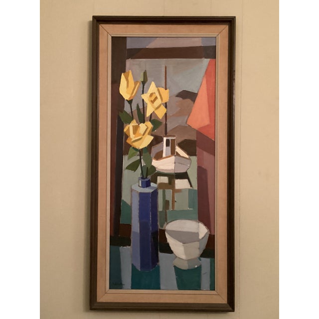 A Tall & Narrow Cubist Still Life Painting W/ Yellow Daffodils and boat. This painting was created by Swedish artist Even...
