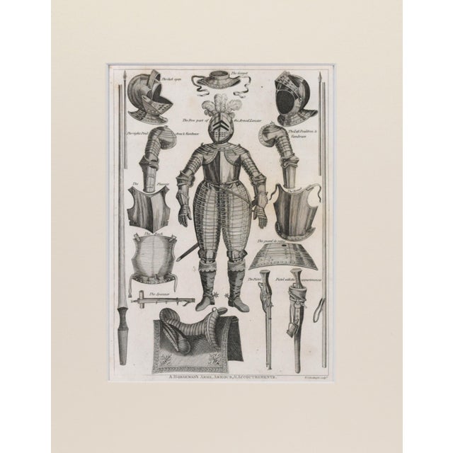 19th Century engraving of British armour and weaponry. Copper Plate engraving published 1801, London for "Military...