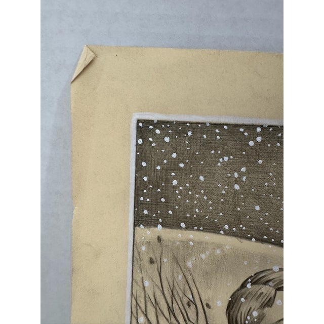 1940s Original Signed Graphite Illustration of Child and Terrier in Snowstorm, 11.75 I × 9.75 In. For Sale - Image 4 of 6