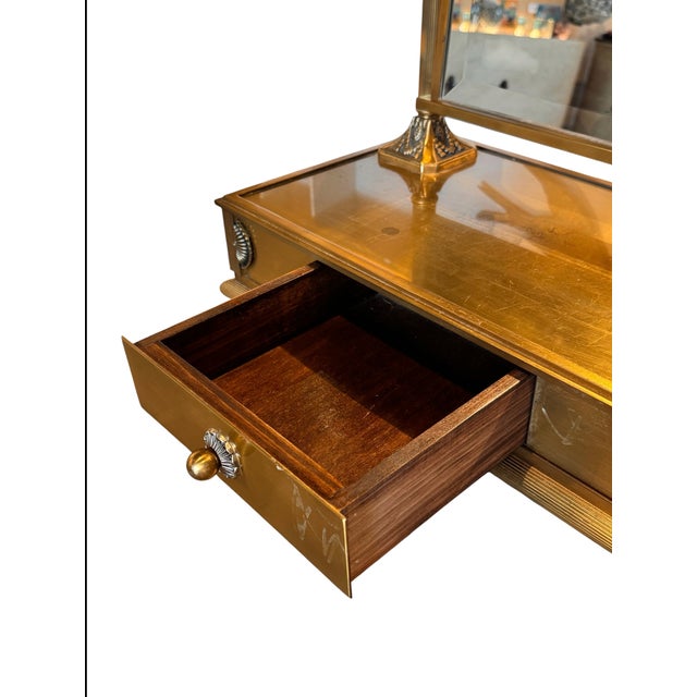 Neoclassical Hollywood Regency Brass-Clad Mahogany Vanity Dressing Mirror For Sale - Image 9 of 13