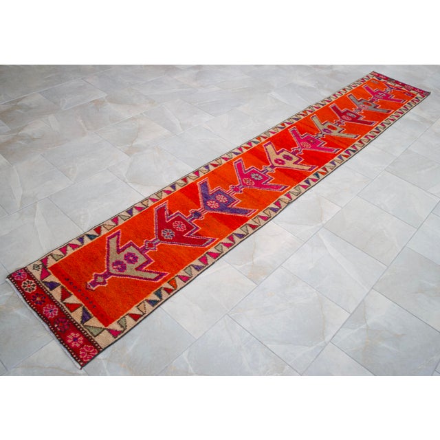 Hand-Knotted Turkish Runner Rug. Bright Orange Narrow Hallway Decor Kitchen Rug - 2' X 12'4" For Sale - Image 6 of 16