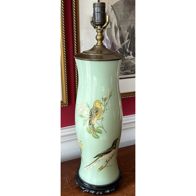 Exceptional Decoupage/ Declaimania table lamp. Classic English style with Audubon theme. I love the soft celadon green...