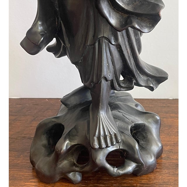 Wood 19th Chinese Carved Hardwood Figure of an Immortal Holding a Bat For Sale - Image 7 of 10
