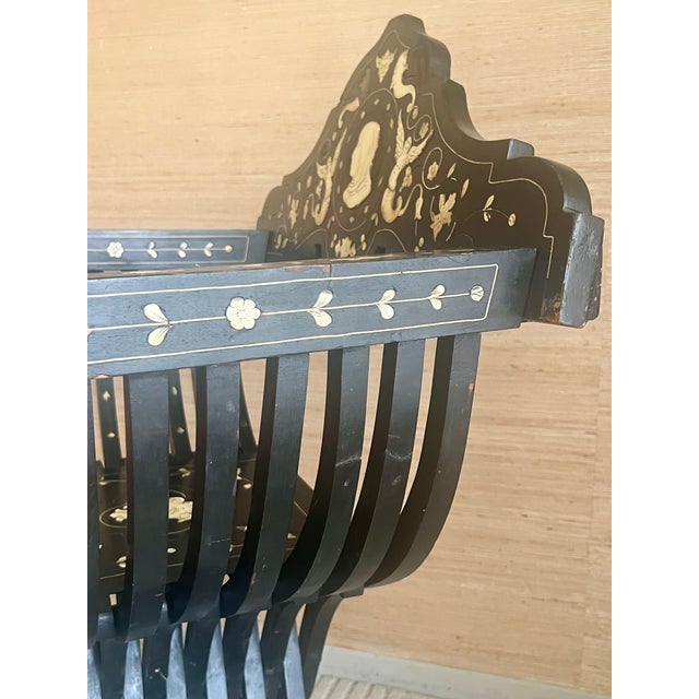 Wood 19th-Century Antique Italian Renaissance Revival Inlaid Bone Savonarola Chair For Sale - Image 7 of 18