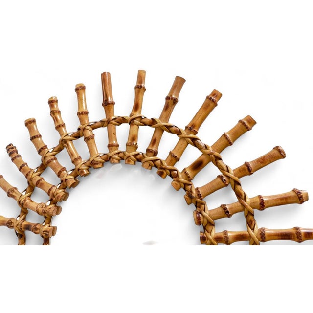 Beige Mid-Century French Riviera Bamboo and Rattan Sunburst Mirror, France, 1950s For Sale - Image 8 of 13