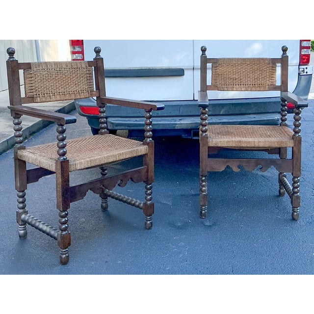 Wood 19th-C. French Louis XVIII Style Carved Walnut & Rush Bobbin Turned Arm Chairs - Pair For Sale - Image 7 of 9