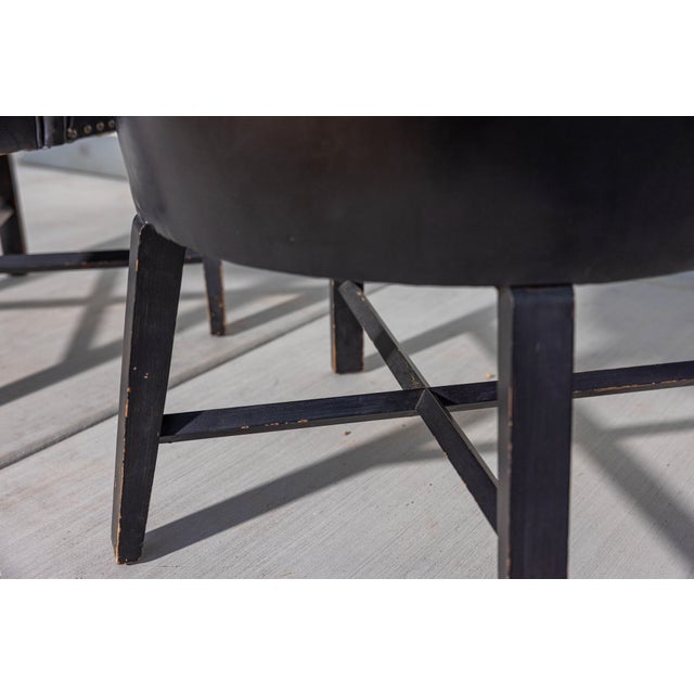 Pair of Vintage Black Vinyl Barrel Back Club Armchairs With Nailhead Trim For Sale - Image 12 of 15