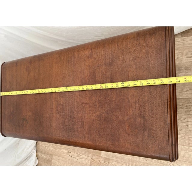 1930s Art Deco Desk Waterfall Top Seven Dovetail Brass Drawers Walnut Finished Back For Sale - Image 17 of 18