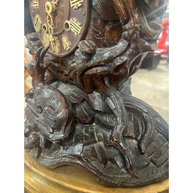 19th Century Black Forest Carved Clock Mounted Lamp With Cowhide Shade For Sale - Image 9 of 13