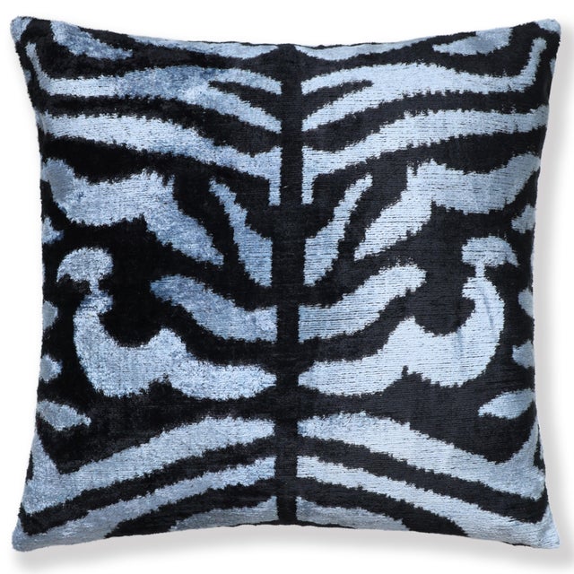 Black & Silver Blue Zebra Silk Velvet Throw Pillow 20x20 | Handmade Luxury Animal Print Accent For Sale - Image 4 of 8