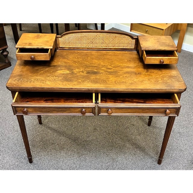 American Walnut Writing Desk With Drawers and Wicker Accents With Complimentary Matching Wooden Wicker Chair For Sale - Image 3 of 13