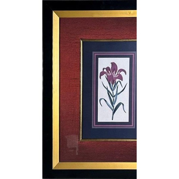 Burgundy Vintage Framed Stylized Red Lily Botanical Lithograph Prints Pair For Sale - Image 8 of 12