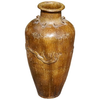 Large Chinese Martaban Ming Dynasty Stoneware Storage Vase With Dragons For Sale