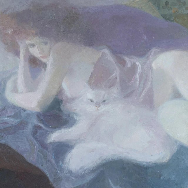 Emilia Castañeda Martínez, Female Figure with Cat, 1970s, Oil on Canvas For Sale - Image 3 of 8