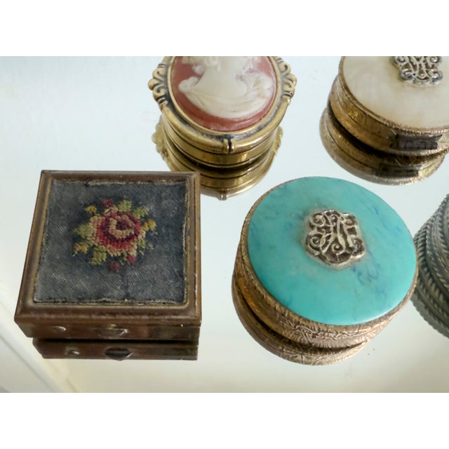 Metal Vintage Mid Century Petit Point Floral Brass Pill Box Viennese Needlepoint Vanity Box For Sale - Image 7 of 12