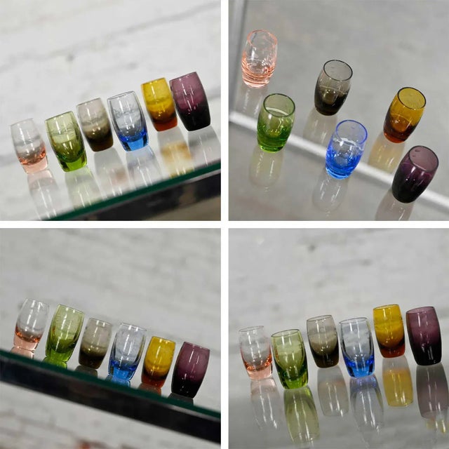 Blue Vintage Set of 21 Blown Glass Multi Color Small Cocktail Snifters Cordials or Shot Glasses 3 Sizes For Sale - Image 8 of 13