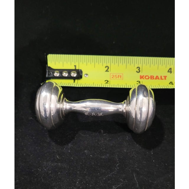 Metal Mid-Century Tiffany & Co. Sterling Silver Barbell Baby Rattle Monogramed 3.5 In For Sale - Image 7 of 9