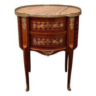 Louis XV Style Kidney-Shaped Commode in Marquetry with Pink Marble Top and Bronze Details For Sale